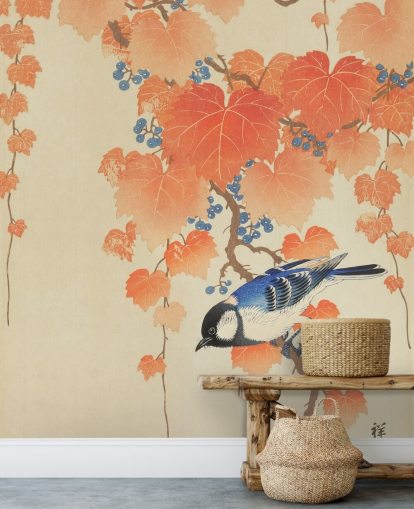 papier peint feuilles d'orange et mésange bleue