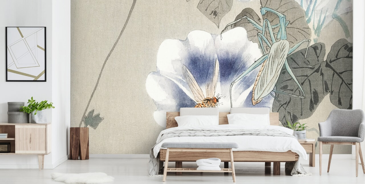 pintura oriental azul e branca e papel de parede de insetos