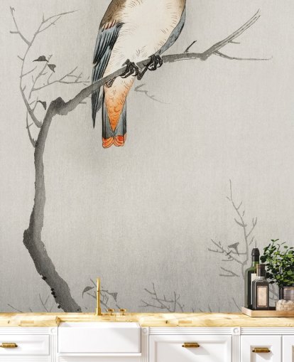 papier peint oiseau peste gris et blanc cassé