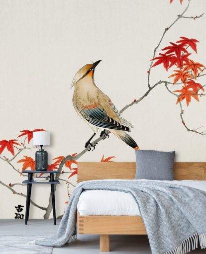 feuilles d'automne orange sur branche avec papier peint d'oiseaux