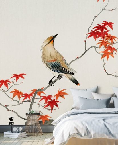 orange fall leaves on branch with bird wallpaper