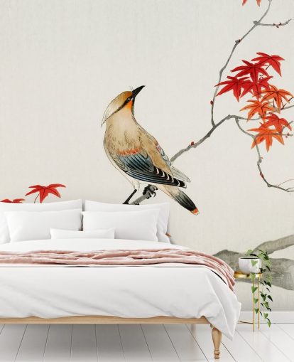 orange fall leaves on branch with bird wallpaper