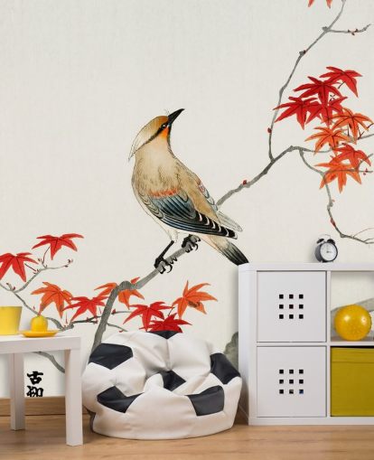 hojas de otoño naranja en rama con papel tapiz de pájaro