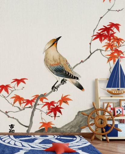 orange Herbstblätter auf Ast mit Vogeltapete orange Herbstblätter auf Ast mit Vogeltapete