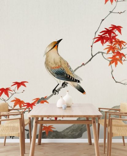 orange fall leaves on branch with bird wallpaper