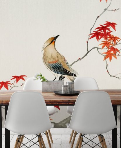 orange Herbstblätter auf Ast mit Vogeltapete orange Herbstblätter auf Ast mit Vogeltapete