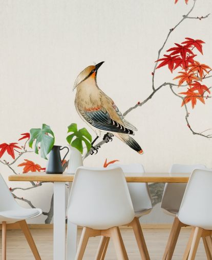 orange Herbstblätter auf Ast mit Vogeltapete