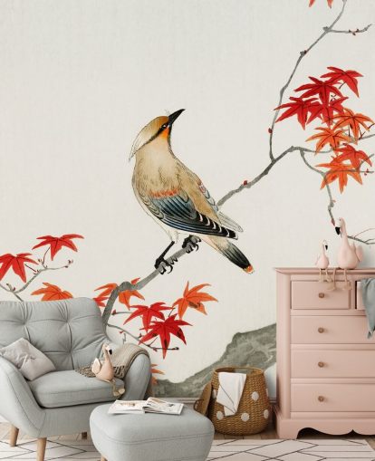 oranje herfstbladeren op tak met vogelbehang