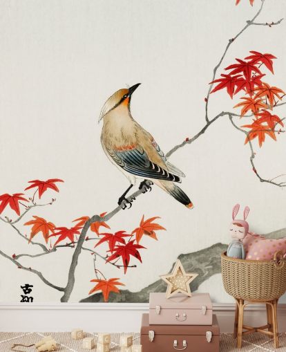 folhas de outono laranja no galho com papel de parede de pássaros folhas de outono laranja no galho com papel de parede de pássaros