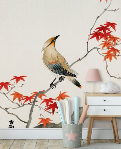 orange Herbstblätter auf Ast mit Vogeltapete orange Herbstblätter auf Ast mit Vogeltapete