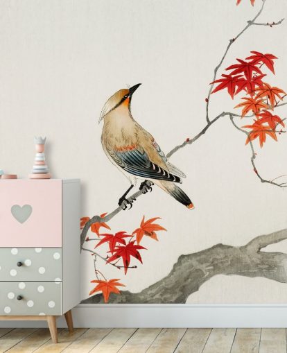 orange fall leaves on branch with bird wallpaper