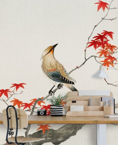 foglie d'autunno arancione sul ramo con carta da parati uccello