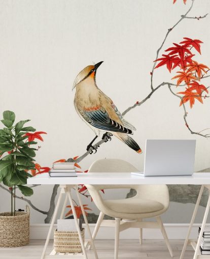 foglie d'autunno arancione sul ramo con carta da parati uccello foglie d'autunno arancione sul ramo con carta da parati uccello