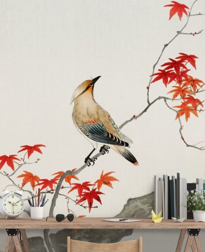 foglie d'autunno arancione sul ramo con carta da parati uccello