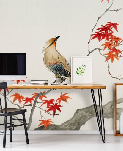 oransje fall blader på gren med fugl tapet