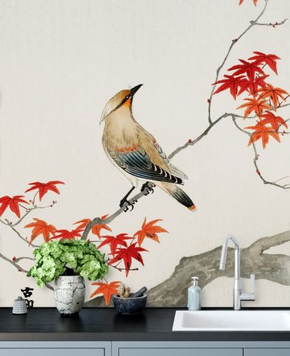 orange fall leaves on branch with bird wallpaper