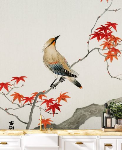 orange fall leaves on branch with bird wallpaper