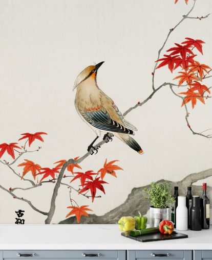 orange fall leaves on branch with bird wallpaper