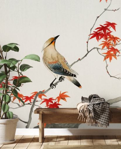 orange Herbstblätter auf Ast mit Vogeltapete orange Herbstblätter auf Ast mit Vogeltapete