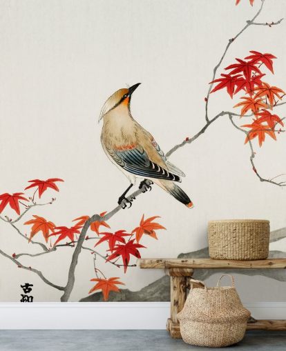 hojas de otoño naranja en rama con papel tapiz de pájaro