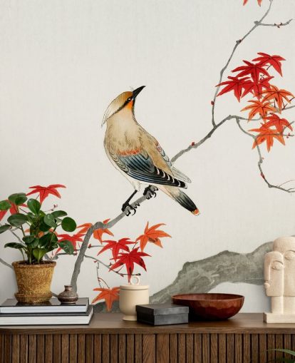 hojas de otoño naranja en rama con papel tapiz de pájaro hojas de otoño naranja en rama con papel tapiz de pájaro