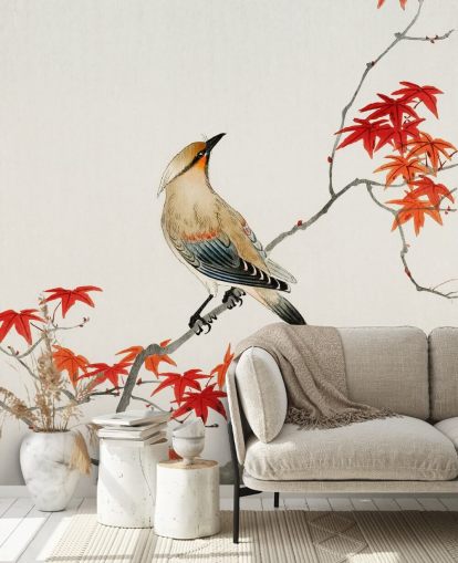 oranje herfstbladeren op tak met vogelbehang oranje herfstbladeren op tak met vogelbehang