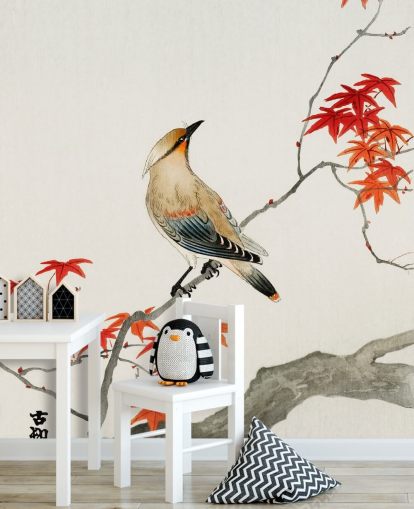 orange fall leaves on branch with bird wallpaper
