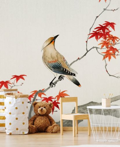 hojas de otoño naranja en rama con papel tapiz de pájaro hojas de otoño naranja en rama con papel tapiz de pájaro