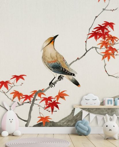 orange Herbstblätter auf Ast mit Vogeltapete orange Herbstblätter auf Ast mit Vogeltapete