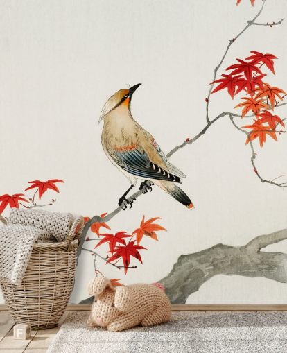 orange fall leaves on branch with bird wallpaper orange fall leaves on branch with bird wallpaper