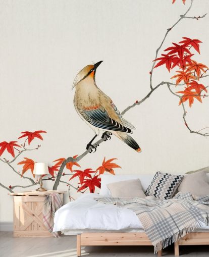 folhas de outono laranja no galho com papel de parede de pássaros