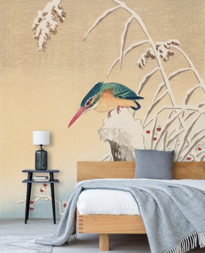 antique painting of kingfisher in winter wallpaper