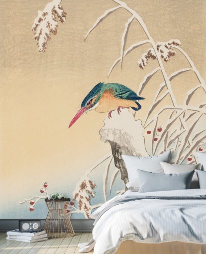 antique painting of kingfisher in winter wallpaper