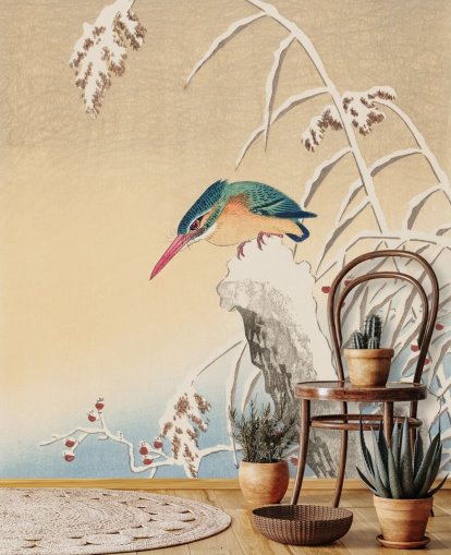 pintura antigua de martín pescador en papel pintado de invierno