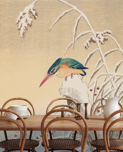 peinture antique de martin-pêcheur en papier peint d'hiver