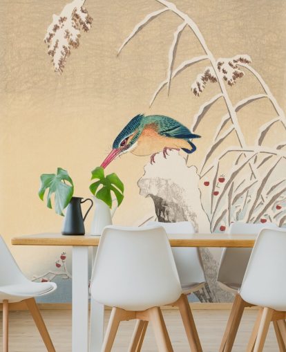 antique painting of kingfisher in winter wallpaper