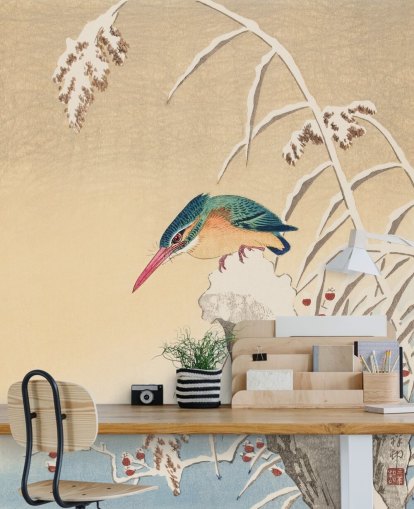 antiek schilderij van ijsvogel in winterbehang