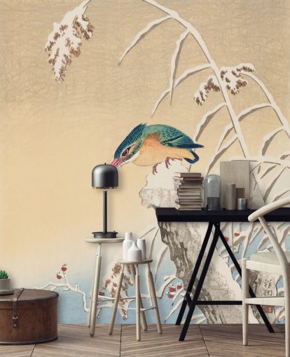 antikes Gemälde von Eisvogel in Wintertapete