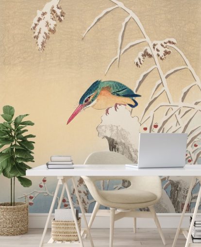 antikk maleri av kingfisher i vinter tapet