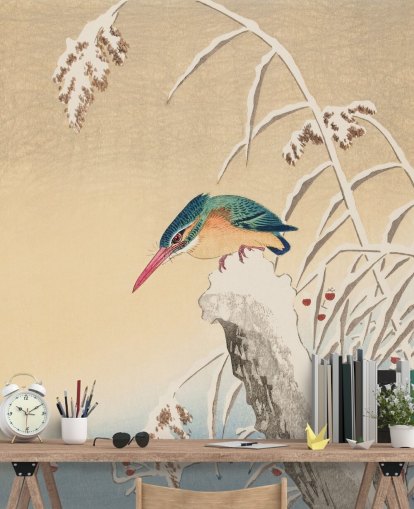 antik maleri af kingfisher om vinteren tapet