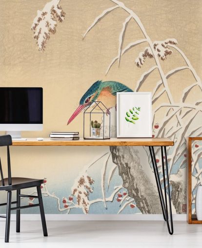 antique painting of kingfisher in winter wallpaper