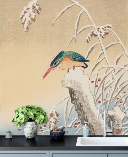 antique painting of kingfisher in winter wallpaper