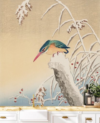 antiek schilderij van ijsvogel in winterbehang