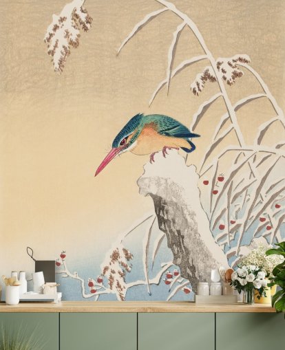 antique painting of kingfisher in winter wallpaper