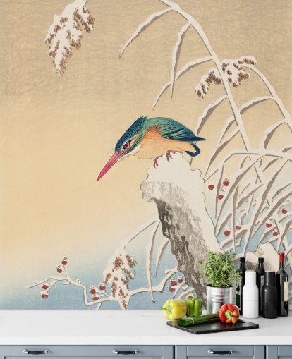 peinture antique de martin-pêcheur en papier peint d'hiver