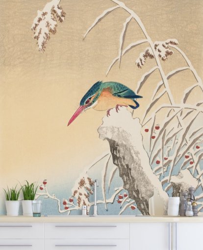 antik maleri af kingfisher om vinteren tapet