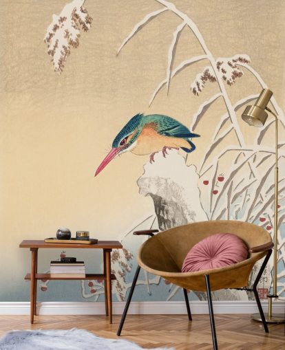 antiek schilderij van ijsvogel in winterbehang