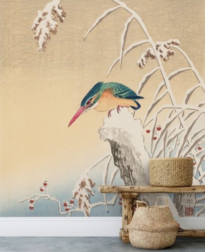 antique painting of kingfisher in winter wallpaper