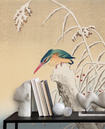 antique painting of kingfisher in winter wallpaper