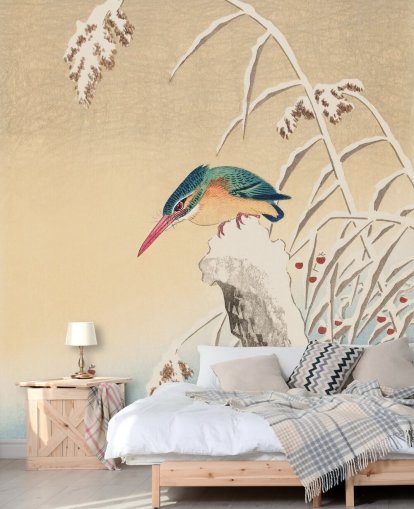 peinture antique de martin-pêcheur en papier peint d'hiver